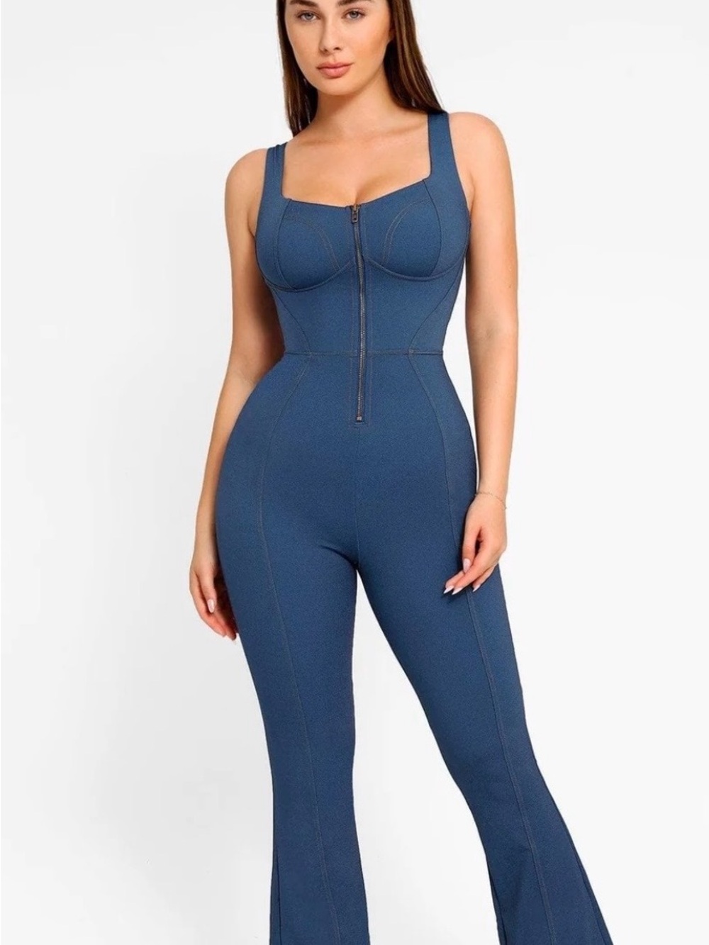 Nwt Popilush faux denim Blue Zip-Front Sculpting flare leg Jumpsuit size Large